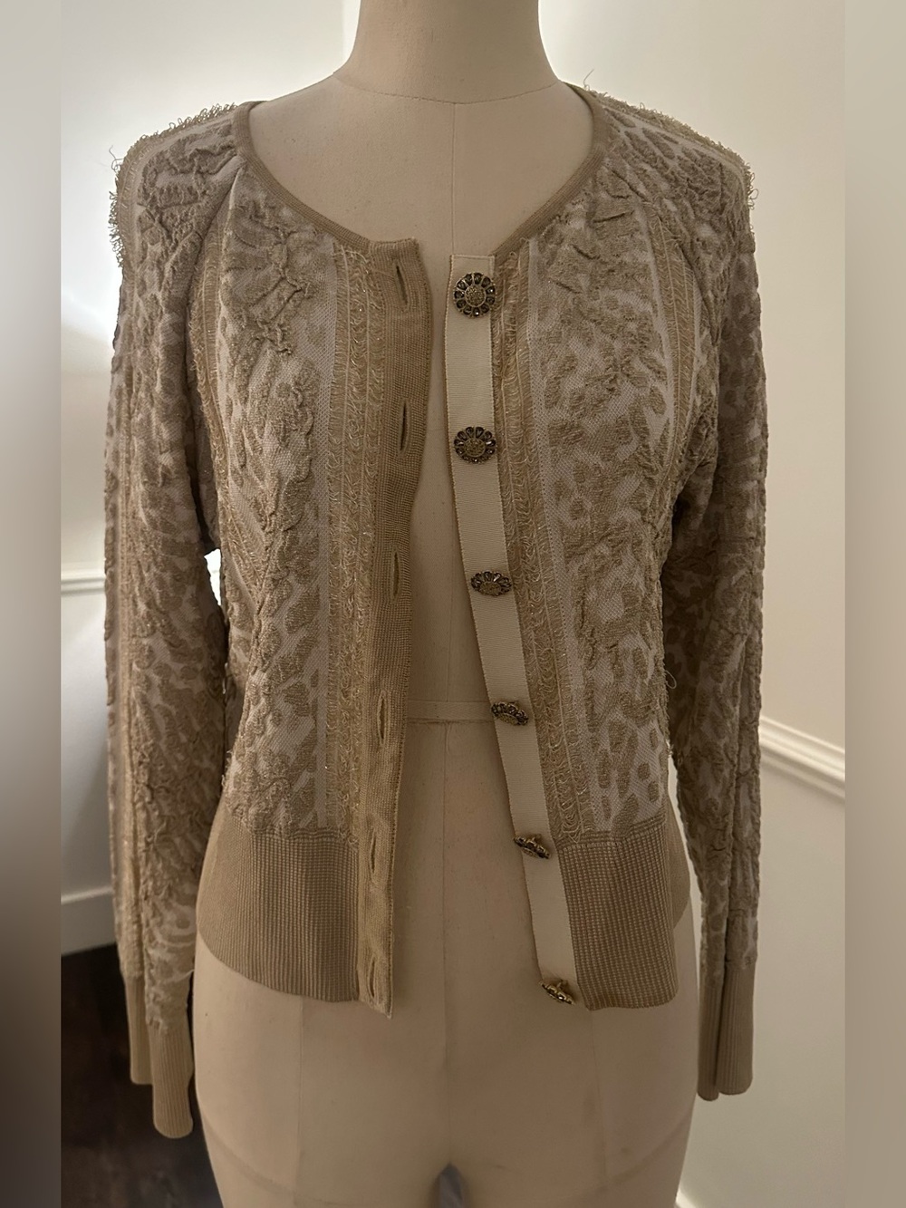 St. John Couture collection Beige gold Textured Embroidered Cardigan